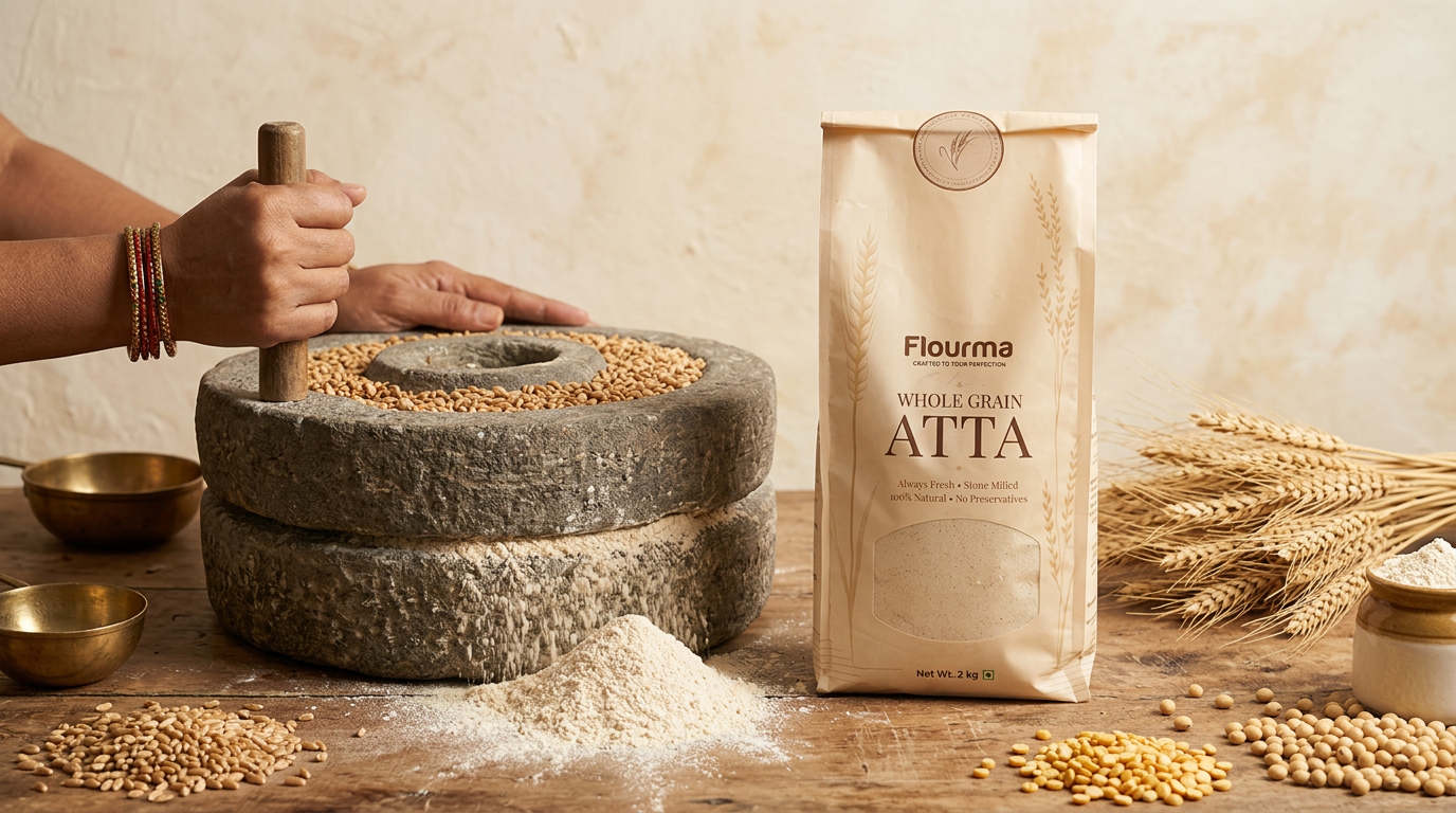 Flourma pack beside a traditional stone chakki grinding fresh flour