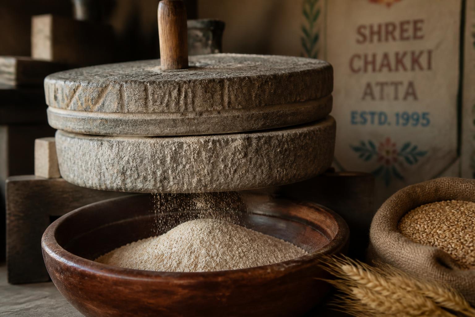 Stone chakki milling fresh whole grain atta into a wooden bowl