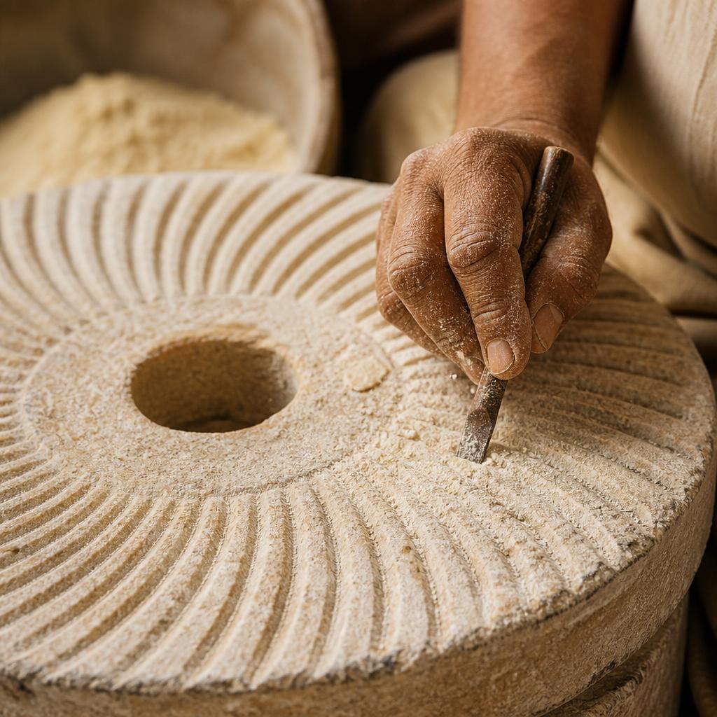 Craftsman dressing the grooves of a chakki millstone