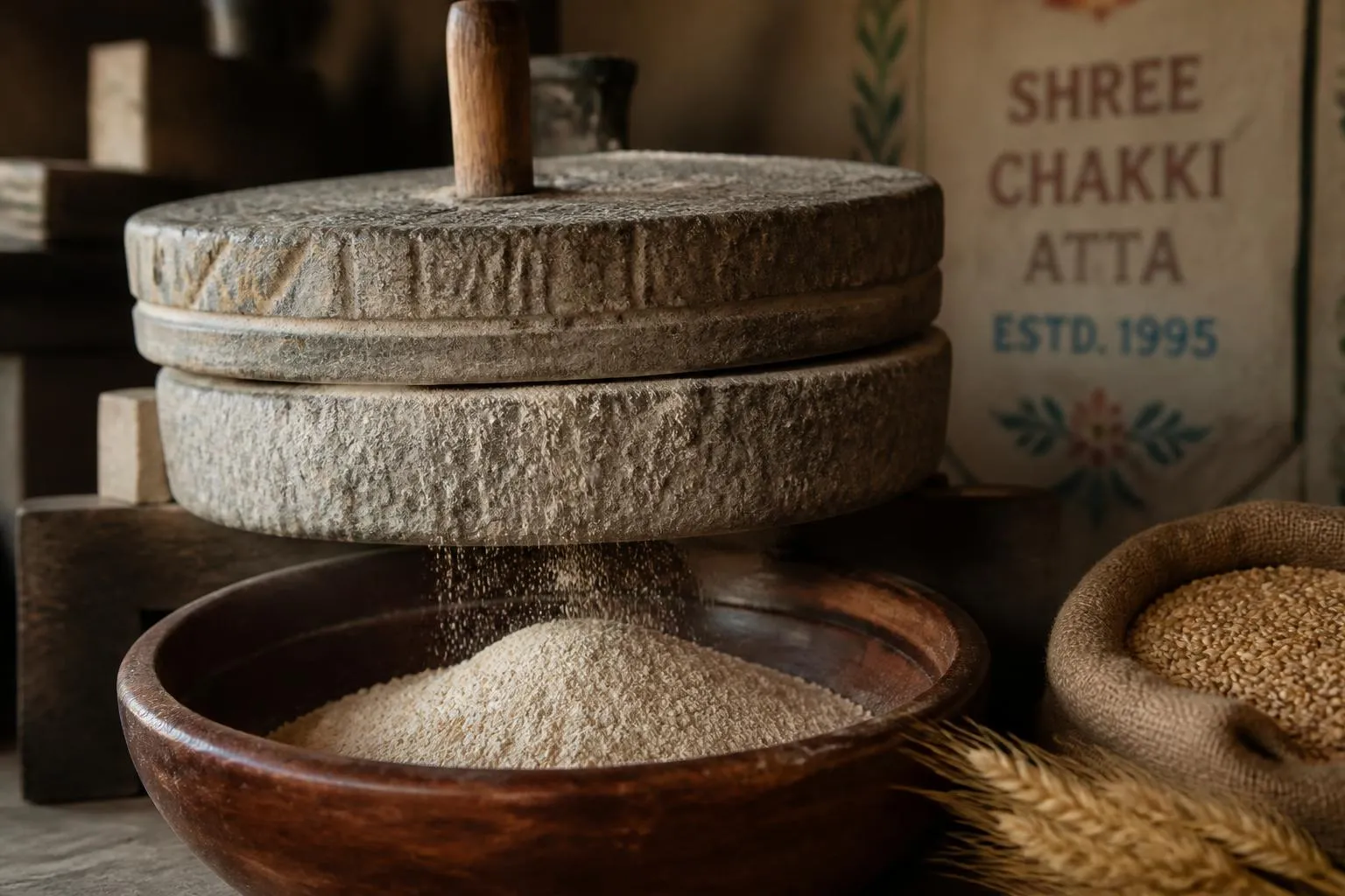 Stone chakki milling fresh whole grain atta into a wooden bowl