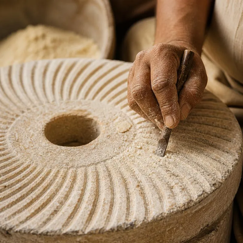 Craftsman dressing the grooves of a chakki millstone